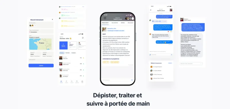 Écrans d’une application de santé : dossiers patients et parcours de soin