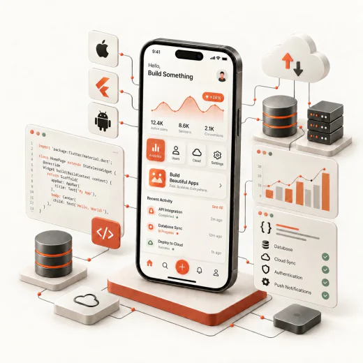 Illustration 3D du développement mobile : smartphone, interfaces, code et symboles Apple, Android et Flutter reliés au cloud.
